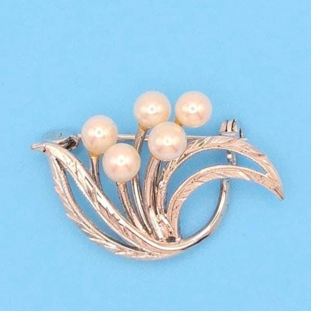 Dainty Sterling Silver Akoya‎ Pearl Brooch Floral Leaf Design Vintage Pin